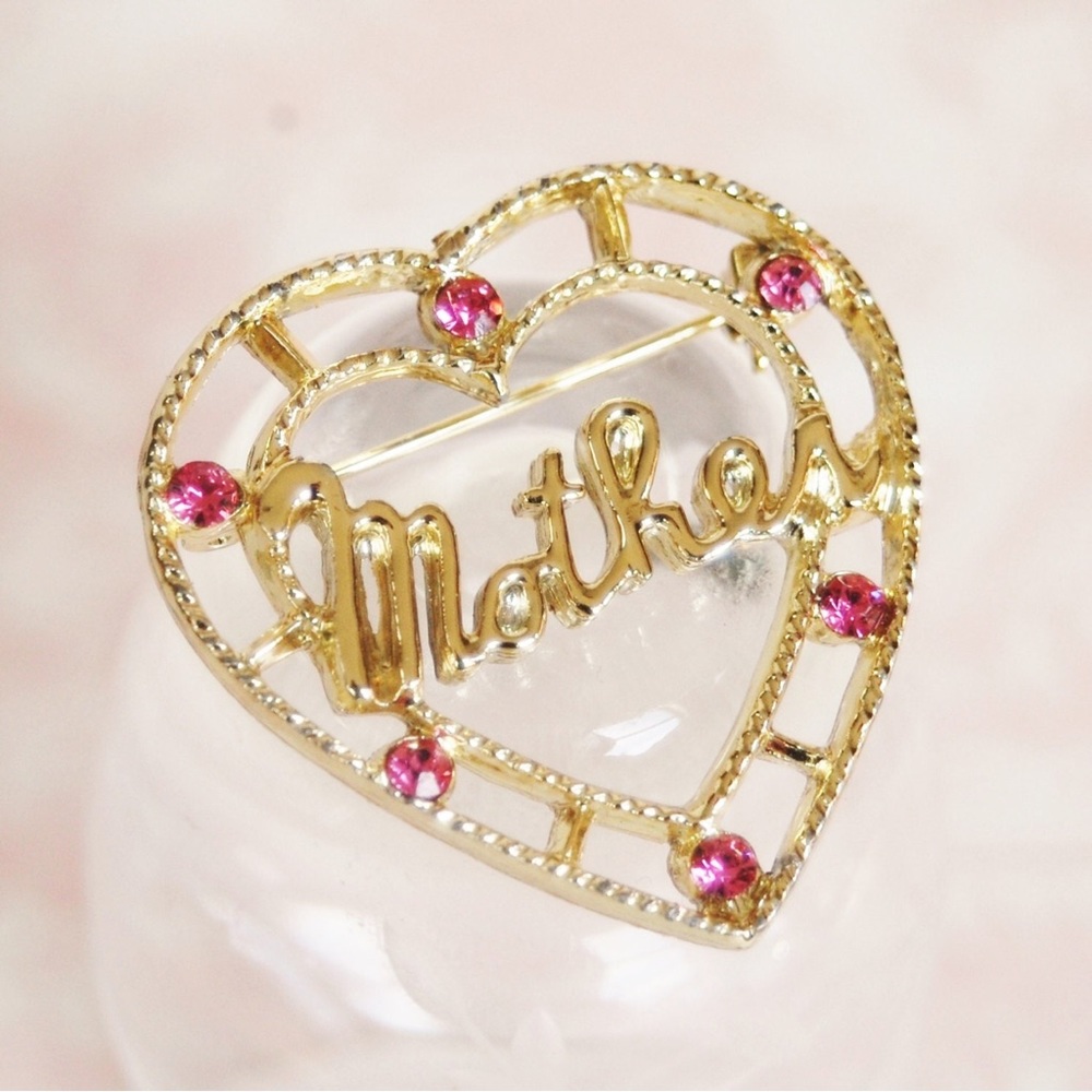 Vintage mother heart with pink rhinestones pin